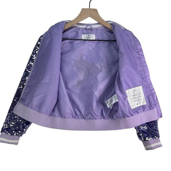 H&M Girls Purple Playful Flip Sequin Bomber Jacket Whimsical Cat Design Sz10-12 - Picture 14 of 16